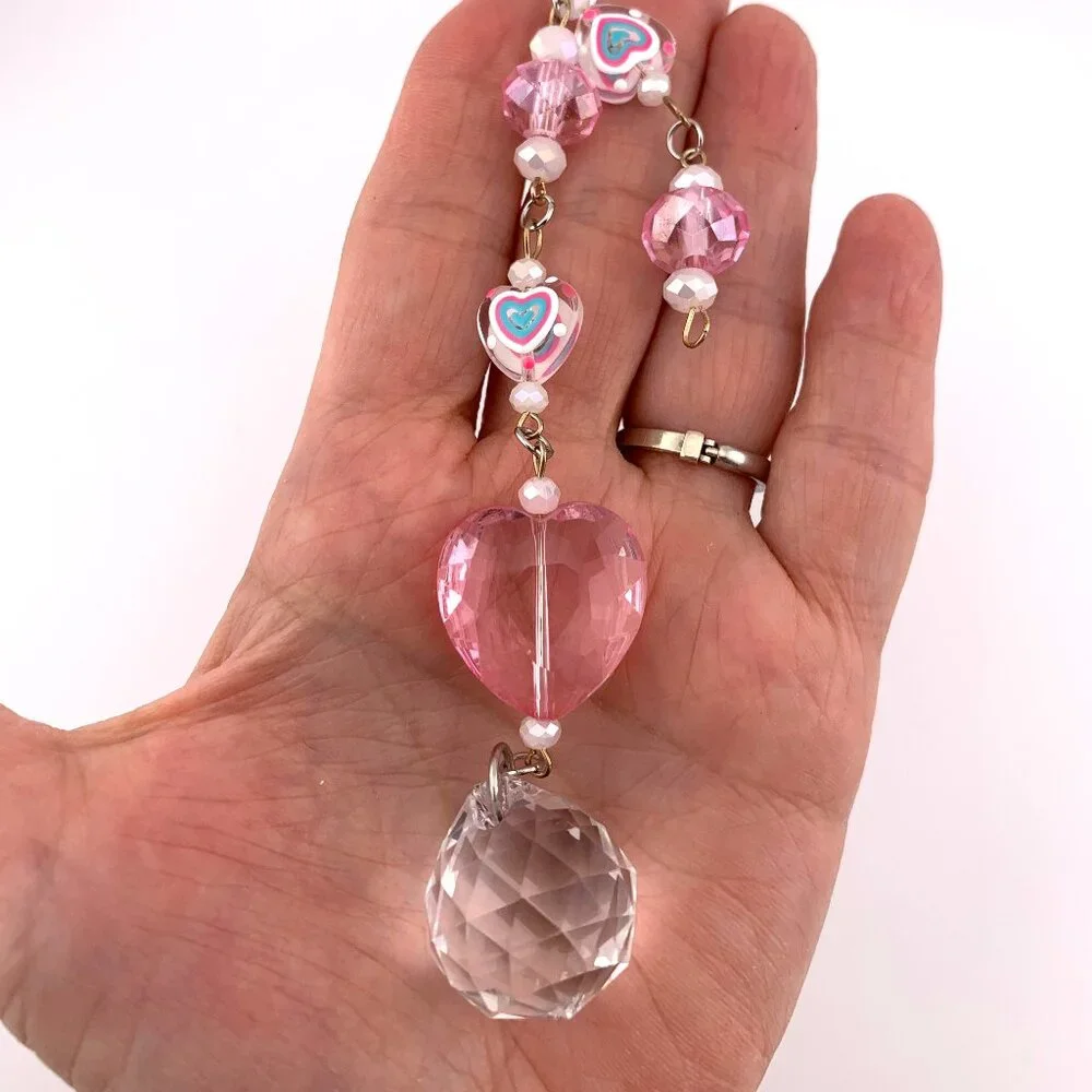 Pink Heart Crystal Glass Beads Pink & Blue Rearview Car Charm Suncatcher CC114